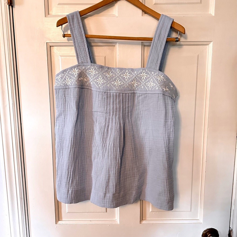 Magaschoni Top‎ Blue Organic Cotton Embroidered Sleeveless Tank Womens M